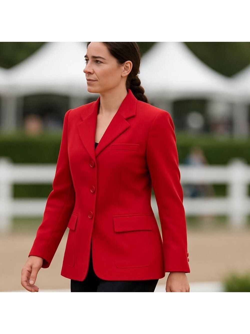 90s CLIFFORD & WILLS WOOL TWILL RED FITTED LONG BLAZER W EQUESTRIAN FLAIR SZ 12